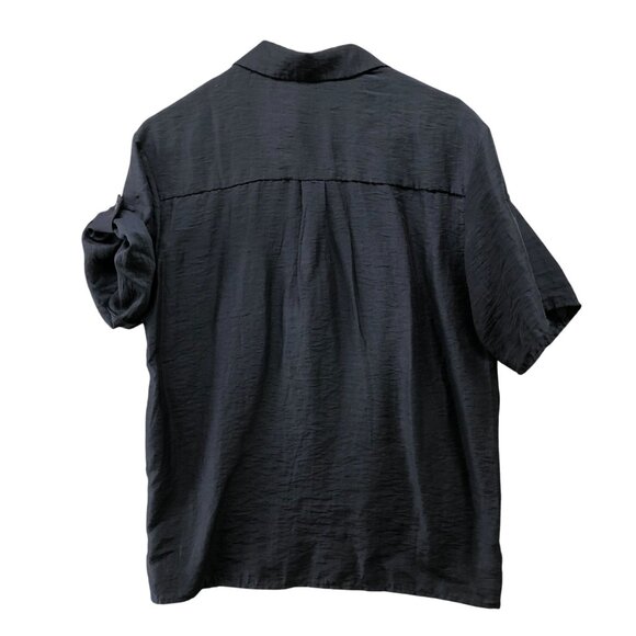 MNG Mango Crinkle Shirt Womens XS (2) Navy Blue Short Sleeve Relaxed Button Up - Picture 2 of 8